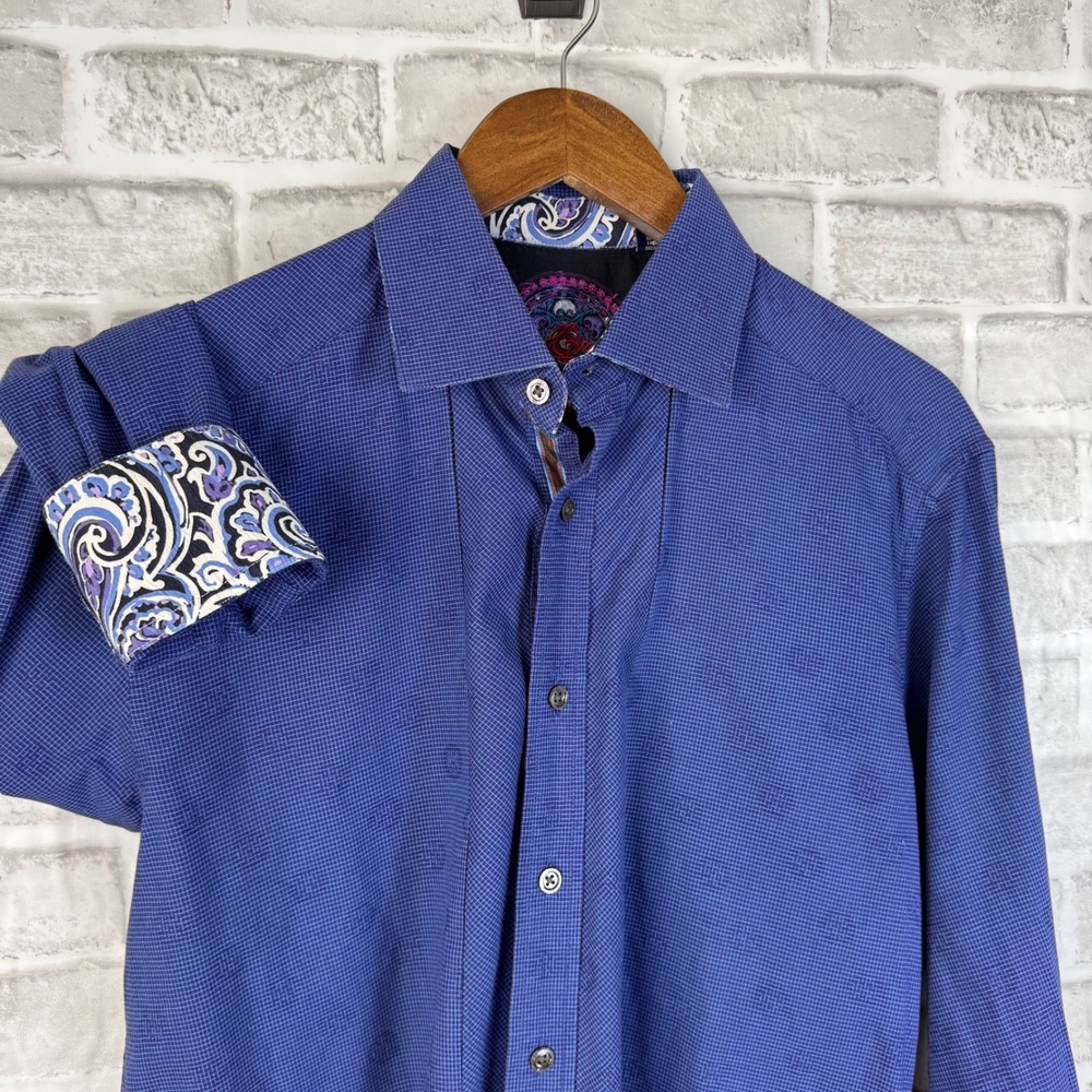 Robert Graham Men Blue Micro Check Skull Jacquard Paisley Trim Shirt Size MEDIUM